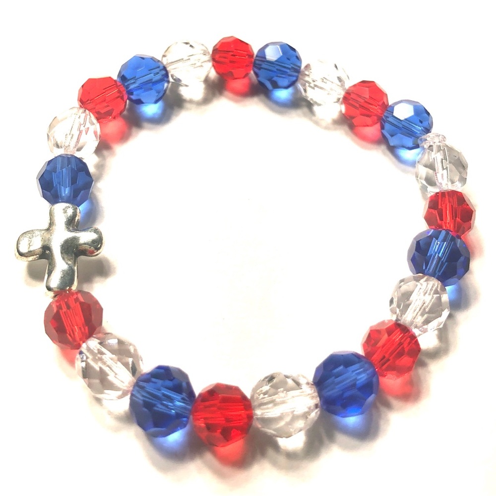 Handmade New Patriotic Red & Blue Cross Stretch Bracelet Women July 4th